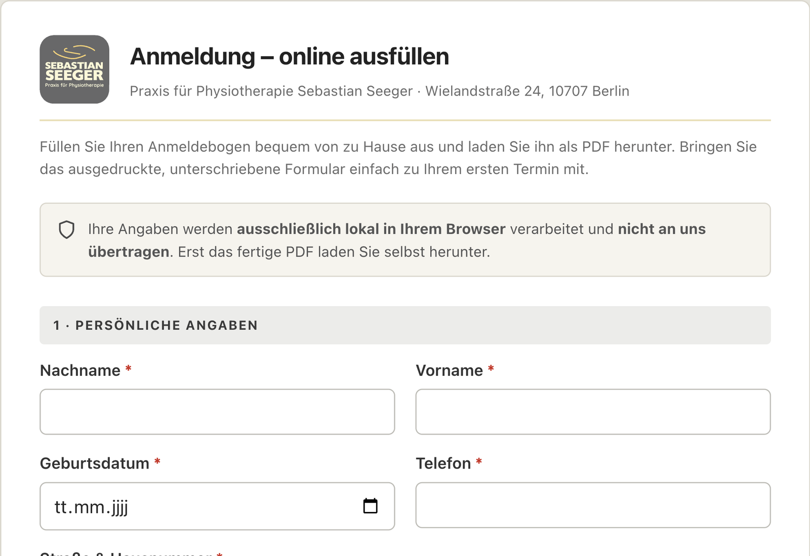 Digitaler Anmeldebogen der Praxis Seeger